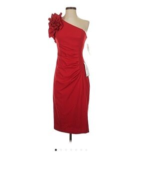 Xscape Elegant One-Shoulder Red Cocktail Dress with Floral Accent